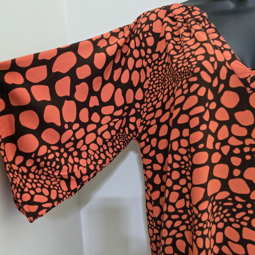 ESCAPADA size Small V Neck Soft Rayon Animal Print Casual Tunic Orange Brown - Picture 3 of 14